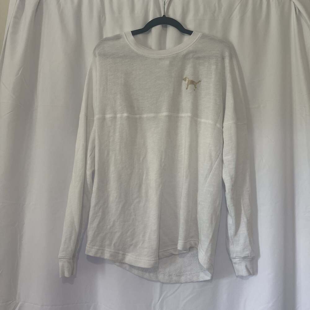 Victoria's Secret PINK White Sequin Bling Varsity Crew Pullover Sweatshirt